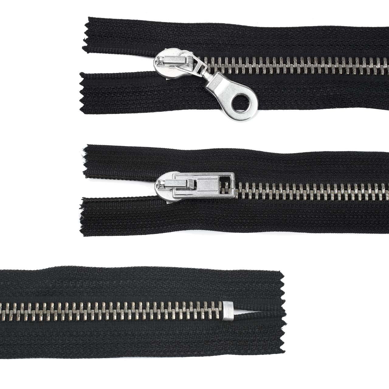 Zipper, metal, wide, black, 18 cm