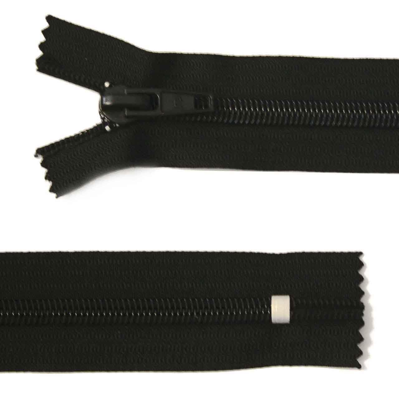 Zipper, plastic, wide, black, length 20 cm